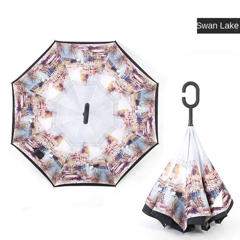 New Arrival Flower Pattern Windproof Rainproof Reverse Reversible C-handle Inverted Umbrella