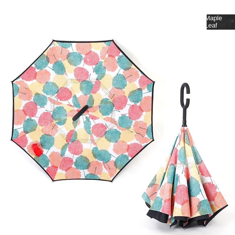 New Arrival Flower Pattern Windproof Rainproof Reverse Reversible C-handle Inverted Umbrella