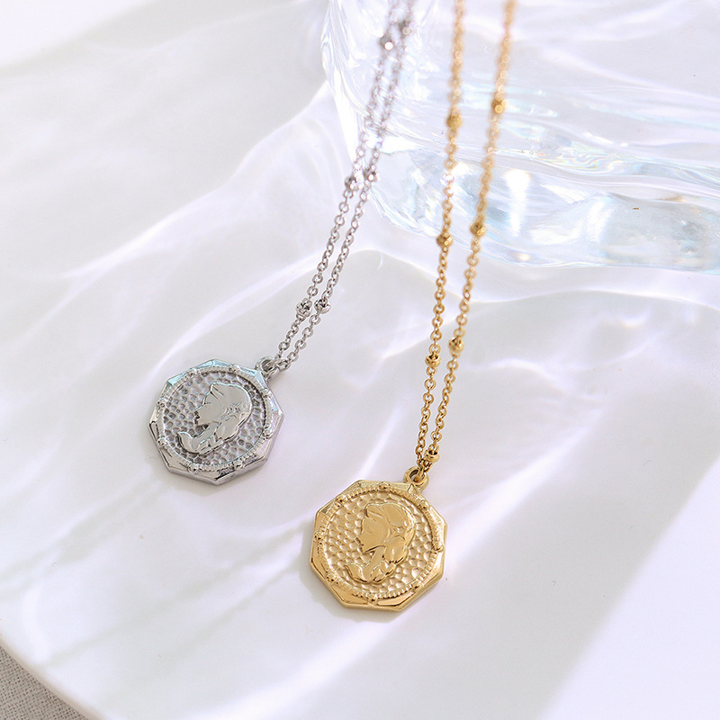 Octagonal Pendant Embossed Little Girl Portrait Necklace Gold Plate Textured Medallion Coin Pendant Round Circle Necklace