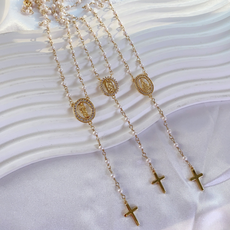 Religious Long Rosary Necklaces Jewelry Small Pearl Beaded Chain Gold Plated Brass Virgin Mary CZ Pendant Necklace