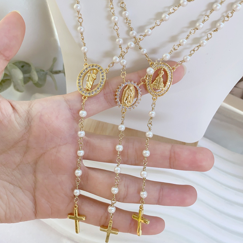 Religious Long Rosary Necklaces Jewelry Small Pearl Beaded Chain Gold Plated Brass Virgin Mary CZ Pendant Necklace