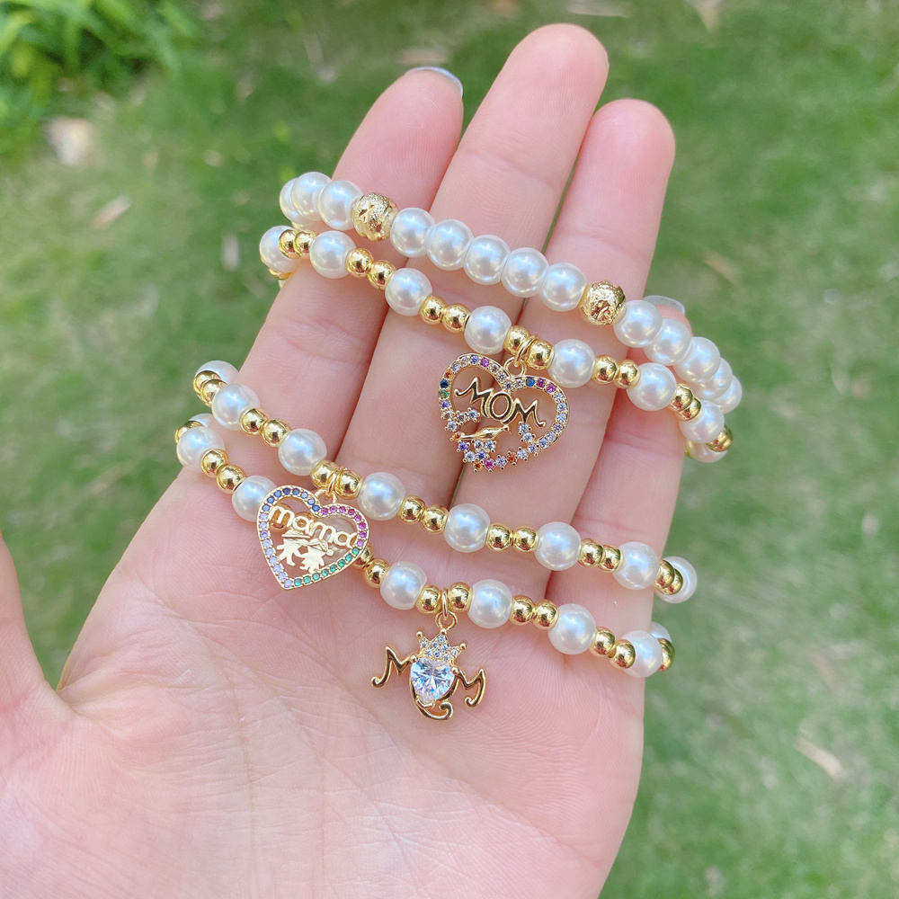 Copper Beads Pearl Strands Women Charm Hollow Heart Zircon Pendant Bracelet  Gold 18K Beaded Bracelet Letter Bracelet Jewelry