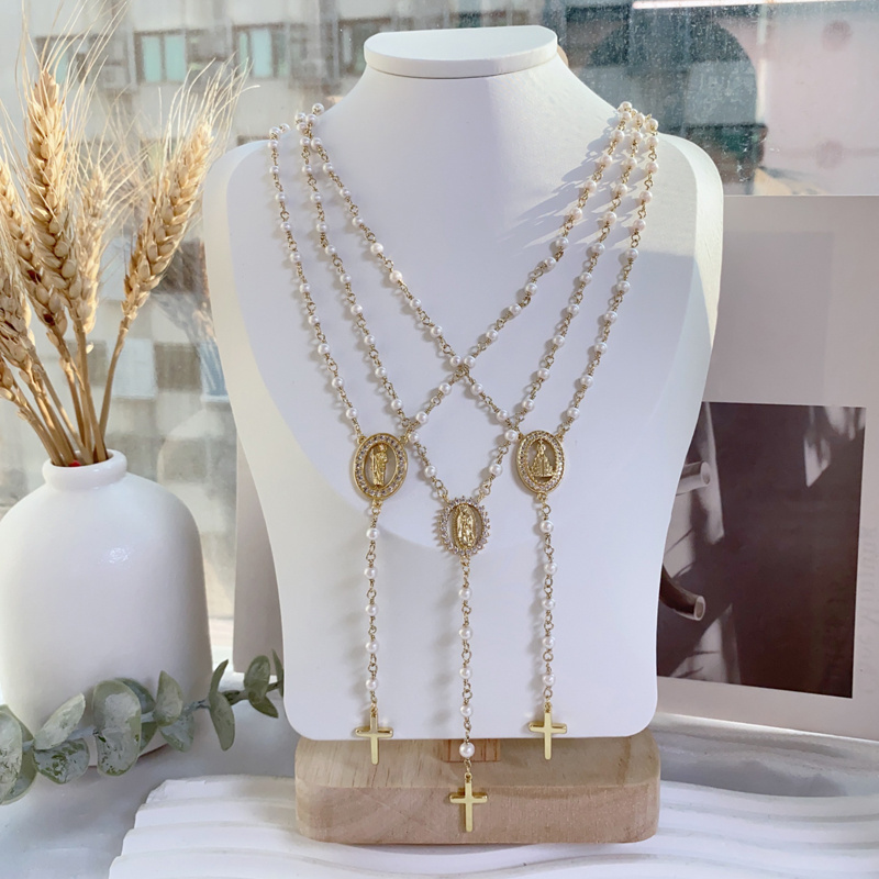 Religious Long Rosary Necklaces Jewelry Small Pearl Beaded Chain Gold Plated Brass Virgin Mary CZ Pendant Necklace