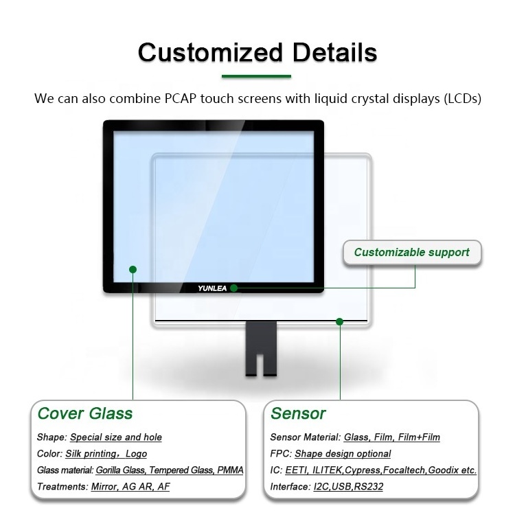 Yunlea Custom Size Shape Touch Glass 7 10.1 15.6 18.5 21.5 inch USB PCAP Capacitive Touch Screen Panel For Industrial Smart Home