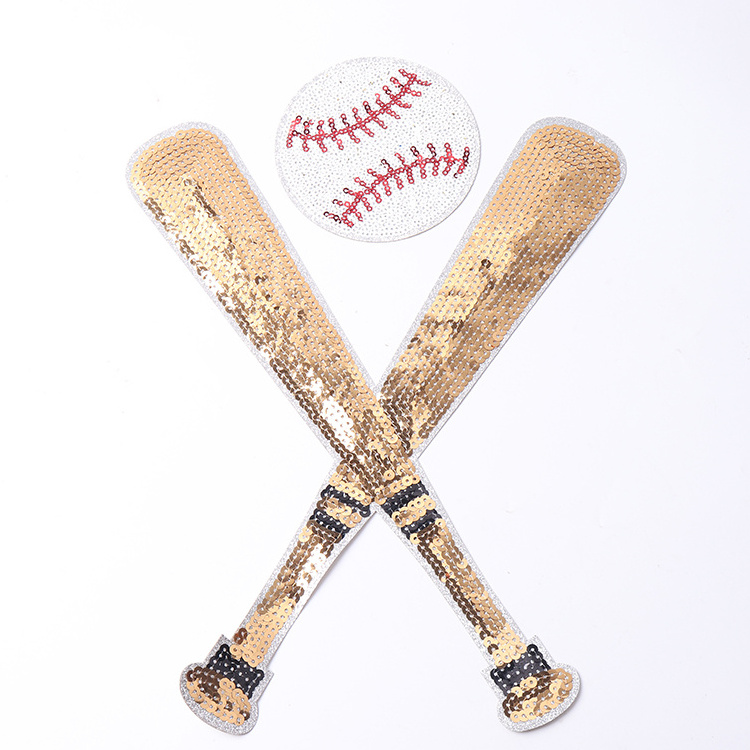 Wholesale embroidered white sequin baseball patch iron on chest big size silver glitter baseball bat set patches for clothing