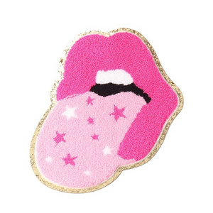 Wholesale girl hoodies big glitter big clothes patches iron on hot pink sexy tongune lip chenille patch for ladies embroidery