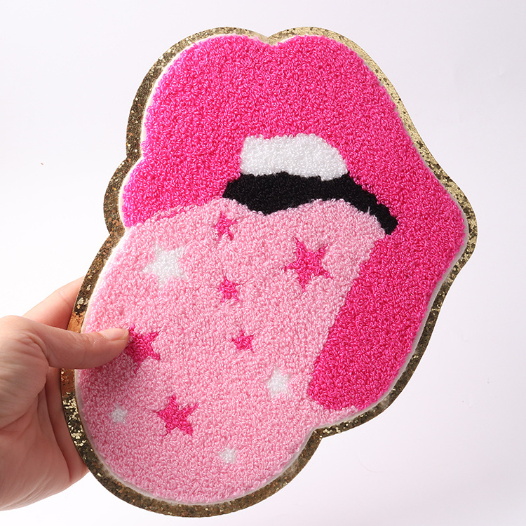 Wholesale girl hoodies big glitter big clothes patches iron on hot pink sexy tongune lip chenille patch for ladies embroidery