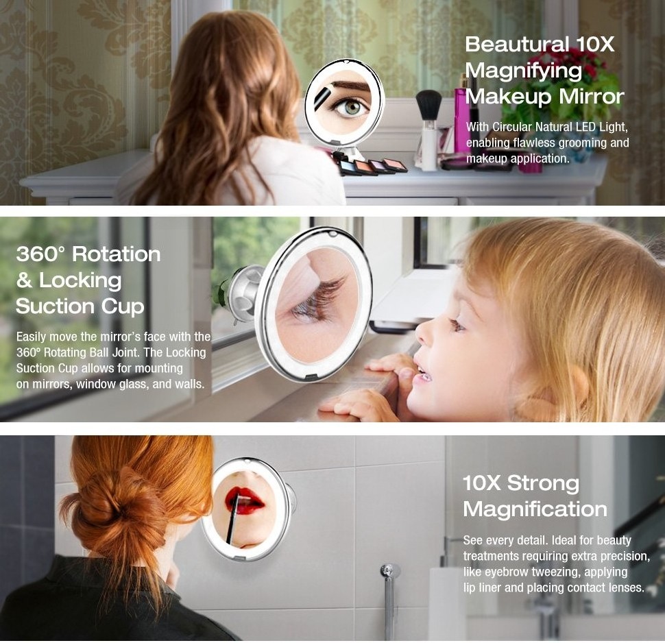 360 Degree Rotation 10x Mirror Vanity with Led Light Bathroom Makeup Magnify Mirror with Suction Cup