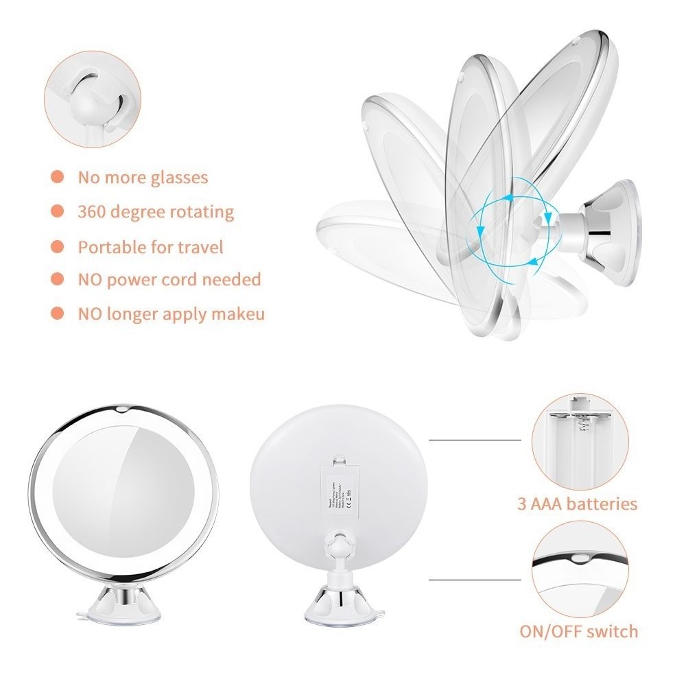 360 Degree Rotation 10x Mirror Vanity with Led Light Bathroom Makeup Magnify Mirror with Suction Cup