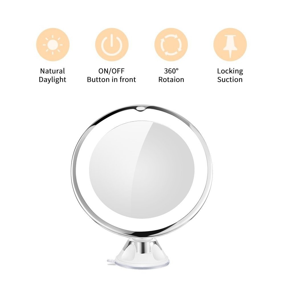 360 Degree Rotation 10x Mirror Vanity with Led Light Bathroom Makeup Magnify Mirror with Suction Cup