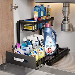 Black 2 Tier No Drilling Rustproof Stainless Steel Pull Out Shelf Under Sink Organizer for Kitchen Bathroom