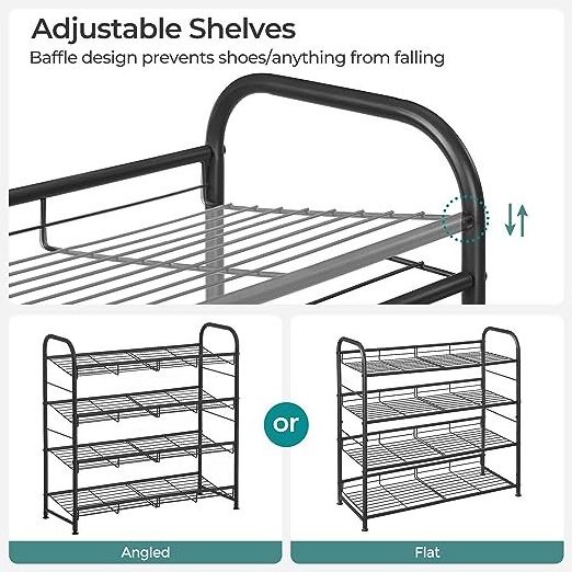 foldable  Stackable Shoe Rack, 4 Tier Metal Shoes Rack Storage Shelf, Adjustable Slanted Shelves Shoe Tower Organizer for Closet