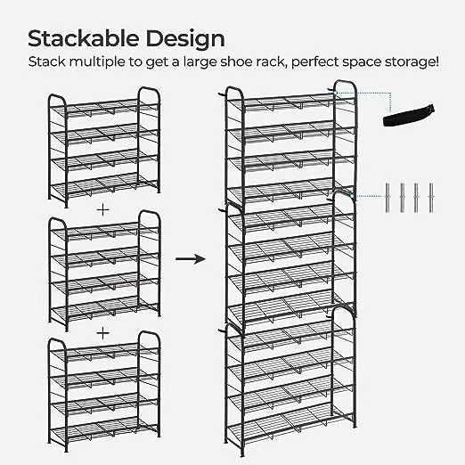 foldable  Stackable Shoe Rack, 4 Tier Metal Shoes Rack Storage Shelf, Adjustable Slanted Shelves Shoe Tower Organizer for Closet