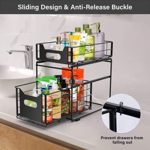 2 Pack Black Metal Under Cabinet Organizers with Sliding Drawers Folding Under Sink Organizer for Cabinet Bathroom Kitchen