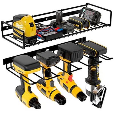 Metal Drill Storage Rack Power Tool Holder Organizer Wall Mount Heavy Duty Floating Tool Shelf for Workshop Shed Pegboard