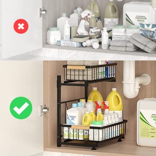 Extra Large Adjustable Metal 2-Tier Under Sink Storage Pull Out Cabinet Organizer Under Sink Organizer for Kitchen