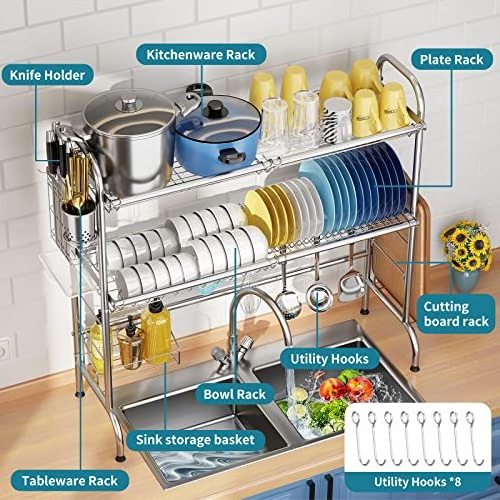 2-Tier Stainless Steel Large Over The Sink Dish Drying Rack Utensil Holder Dish Drainers for Kitchen Counter