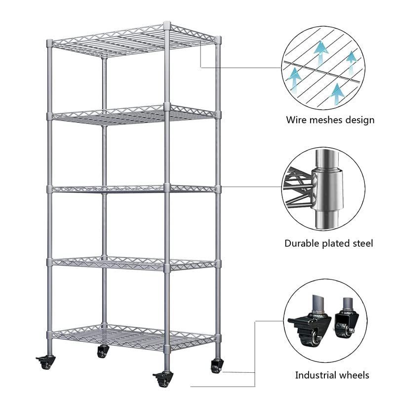 5-Shelf Shelving Storage Unit on Wheel Casters Metal Organizer Wire Rack for Home Office Kitchen Bathroom