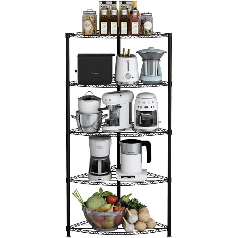 5 Tier Black Corner Storage Shelves Wire Shelving Unit Metal Shelf Steel Storage Rack for Bathroom Kitchen