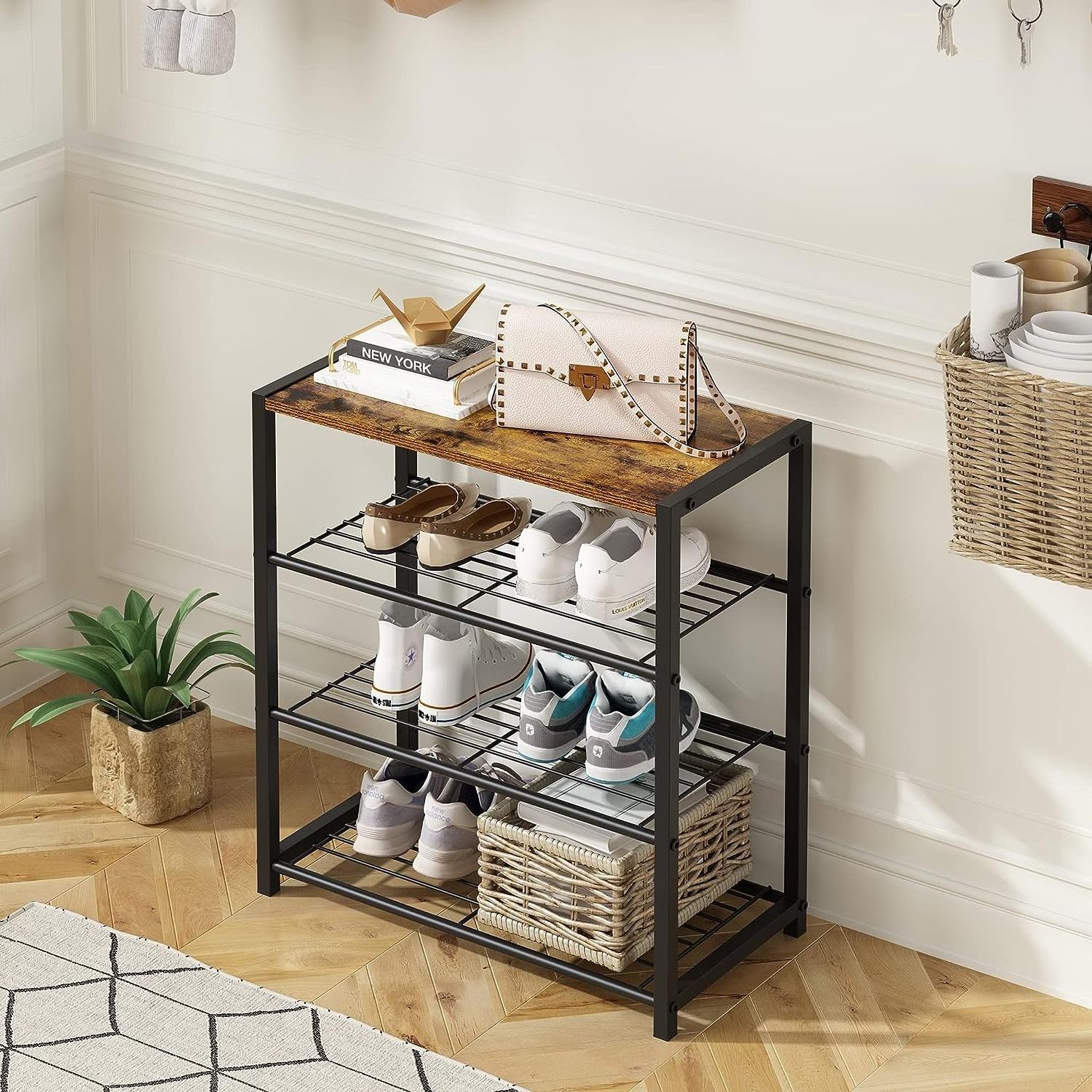 4 Tier Shoe Organizer Storage for Closet Entryway Narrow Slim Metal Shoe Shelves with  Wooden Top Rustic Brown and Black