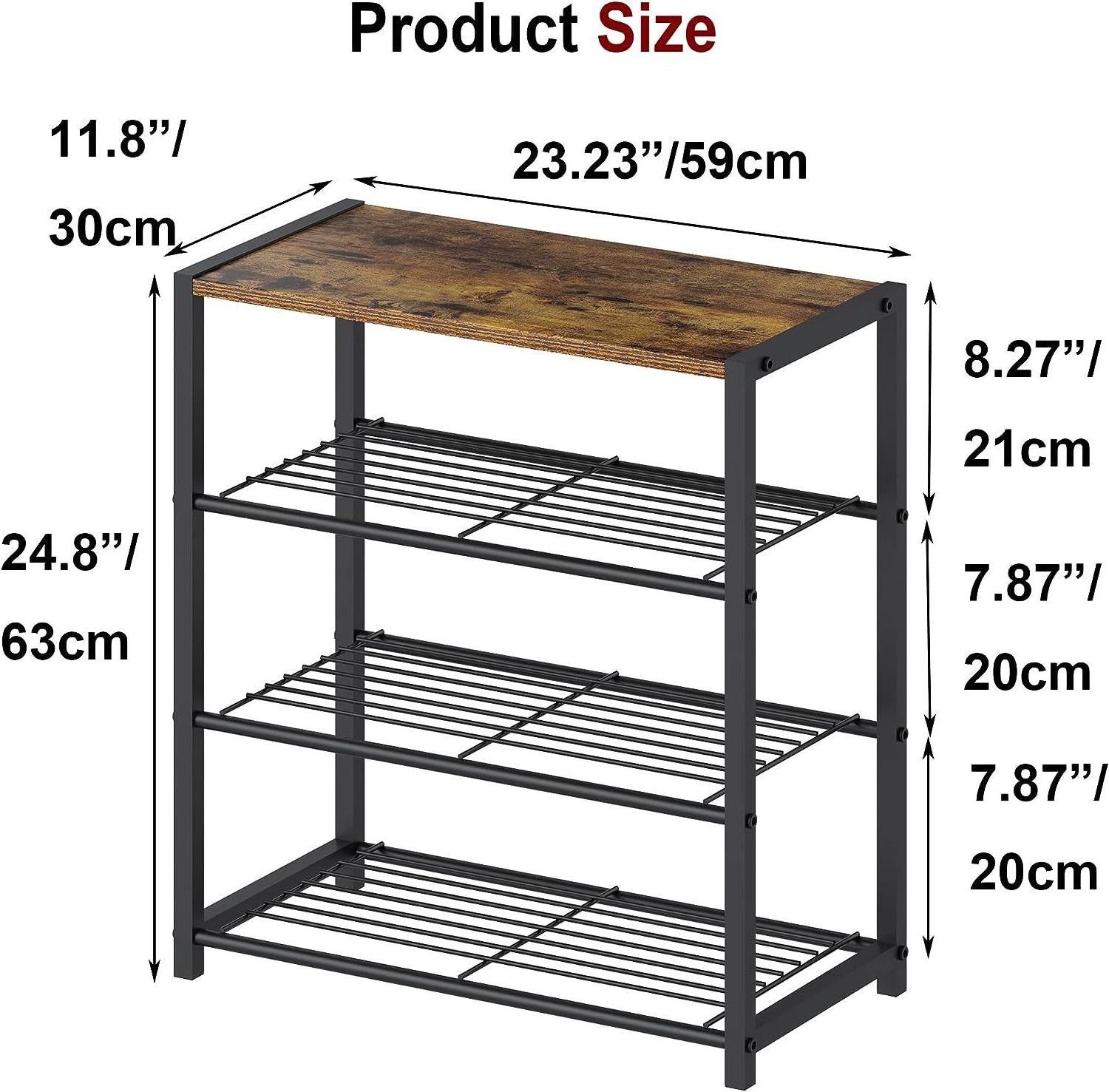 4 Tier Shoe Organizer Storage for Closet Entryway Narrow Slim Metal Shoe Shelves with  Wooden Top Rustic Brown and Black