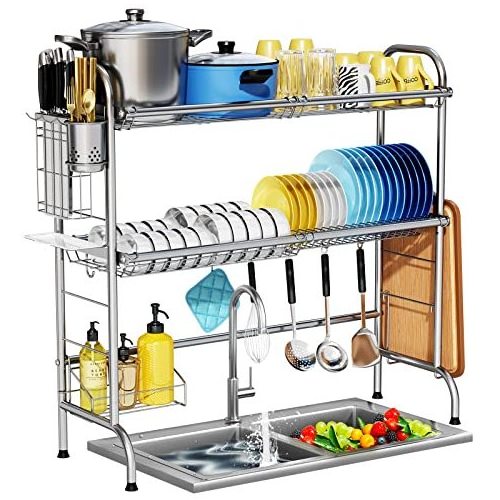 2-Tier Stainless Steel Large Over The Sink Dish Drying Rack Utensil Holder Dish Drainers for Kitchen Counter