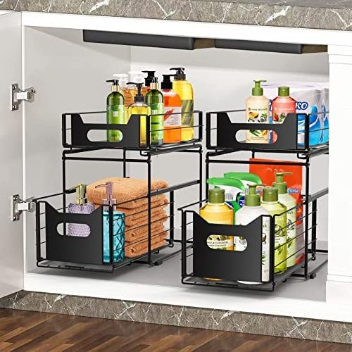 2 Pack Black Metal Under Cabinet Organizers with Sliding Drawers Folding Under Sink Organizer for Cabinet Bathroom Kitchen