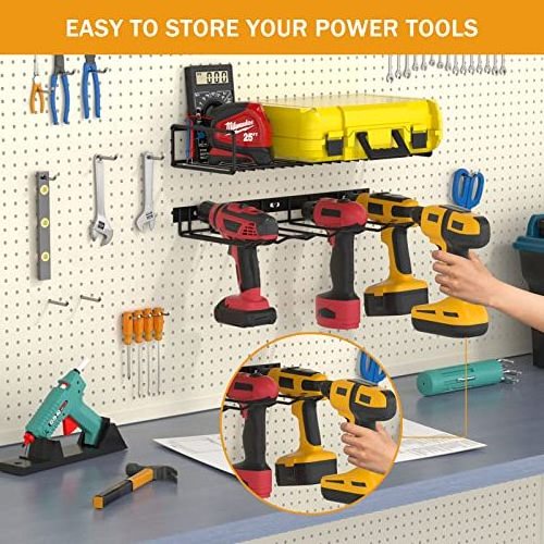 Metal Drill Storage Rack Power Tool Holder Organizer Wall Mount Heavy Duty Floating Tool Shelf for Workshop Shed Pegboard