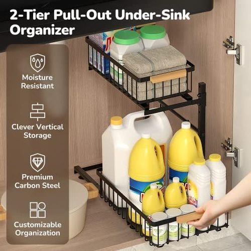 Extra Large Adjustable Metal 2-Tier Under Sink Storage Pull Out Cabinet Organizer Under Sink Organizer for Kitchen