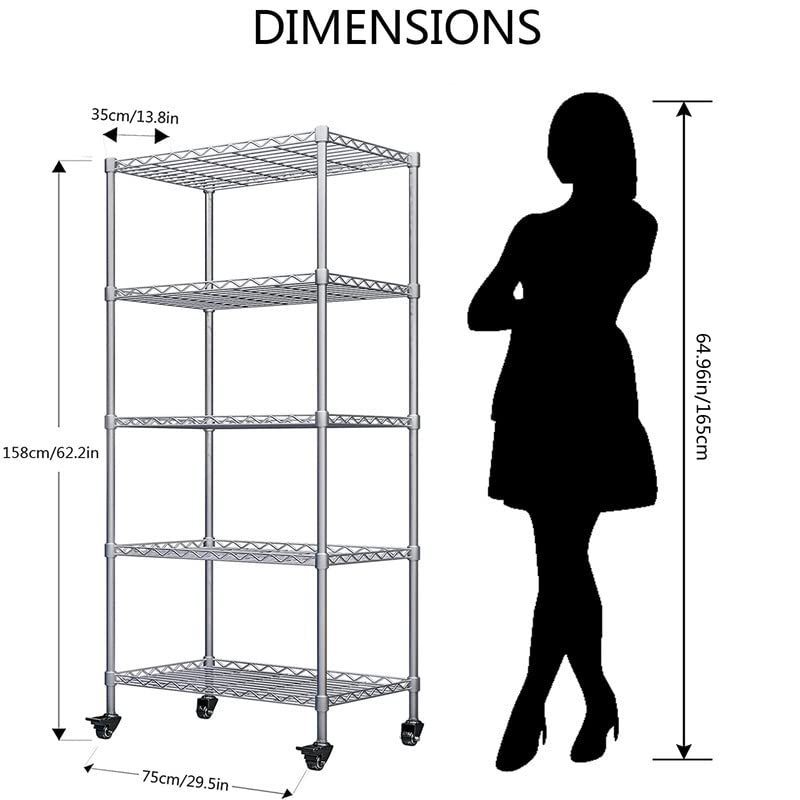 5-Shelf Shelving Storage Unit on Wheel Casters Metal Organizer Wire Rack for Home Office Kitchen Bathroom