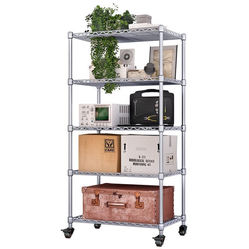 5-Shelf Shelving Storage Unit on Wheel Casters Metal Organizer Wire Rack for Home Office Kitchen Bathroom