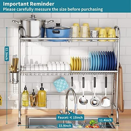 2-Tier Stainless Steel Large Over The Sink Dish Drying Rack Utensil Holder Dish Drainers for Kitchen Counter