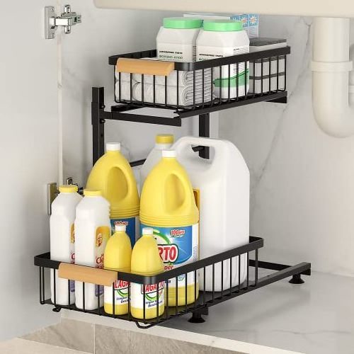 Extra Large Adjustable Metal 2-Tier Under Sink Storage Pull Out Cabinet Organizer Under Sink Organizer for Kitchen