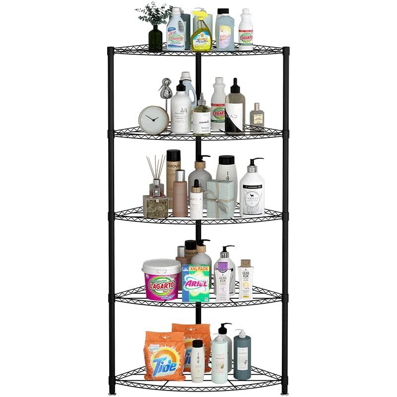 5 Tier Black Corner Storage Shelves Wire Shelving Unit Metal Shelf Steel Storage Rack for Bathroom Kitchen