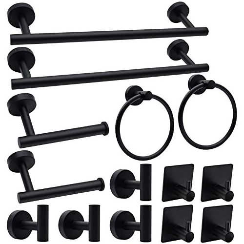 14 Pieces Matte Black Stainless Steel Wall Mounted Bathroom Accessories Set Towel Racks for Bathroom