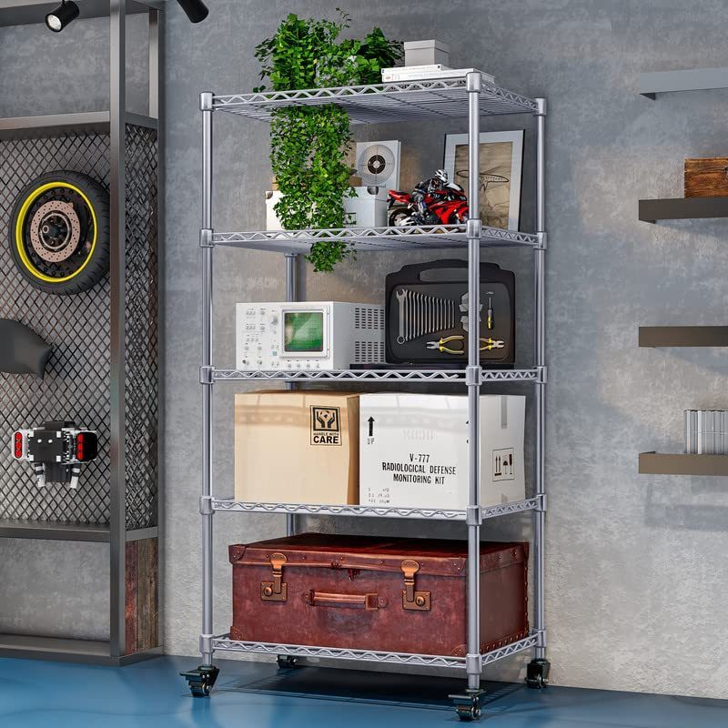 5-Shelf Shelving Storage Unit on Wheel Casters Metal Organizer Wire Rack for Home Office Kitchen Bathroom