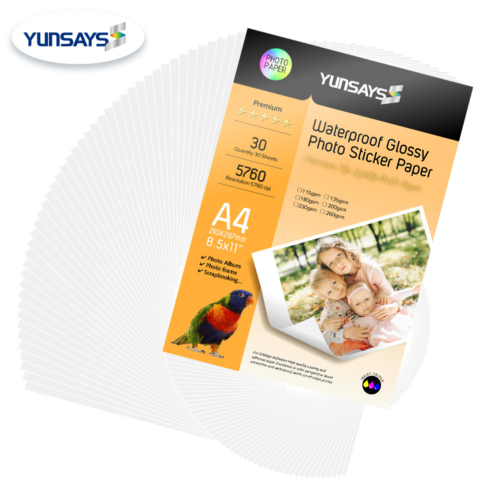 Yunsays waterproof self adhesive glossy photo paper inkjet printer photography paper 90gsm 135gsm 150gsm water glue