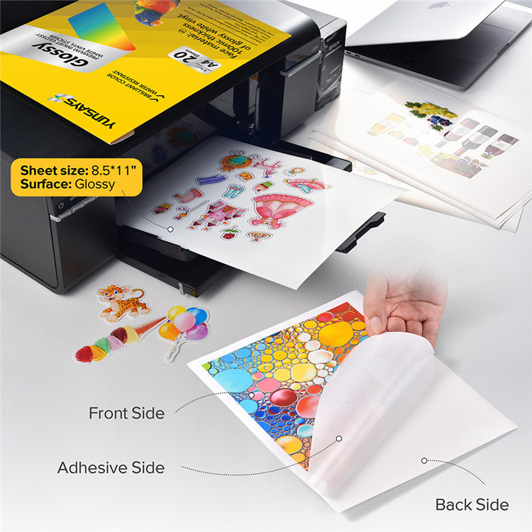 Inkjet printing Self adhesive A4 size waterproof glossy white vinyl inkjet vinyl sticker paper High quality a4 sticker paper