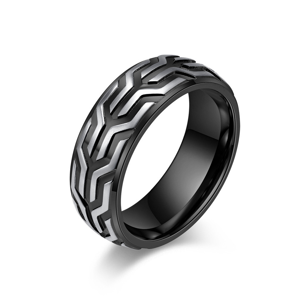 Fashion Wholesale Embossed Tire Pattern Ring Polished Stainless Steel Black Gold Plated Fine Jewelry Rings for Men Gift