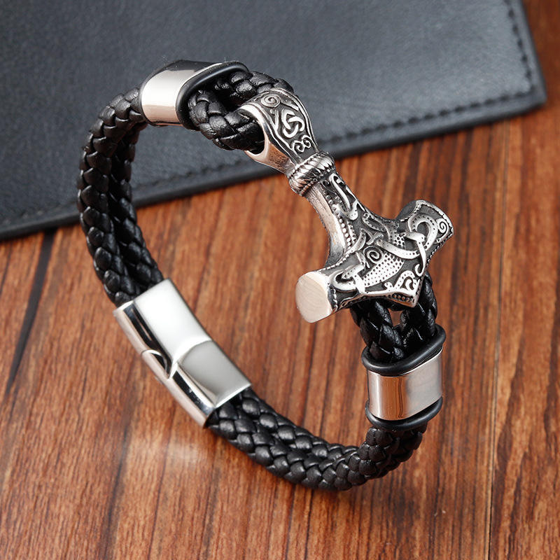 Vintage Stainless Steel Cross T Magnetic Clasp Hand Jewelry Handmade Braided Double Layer Leather Bracelet For Men OT-192