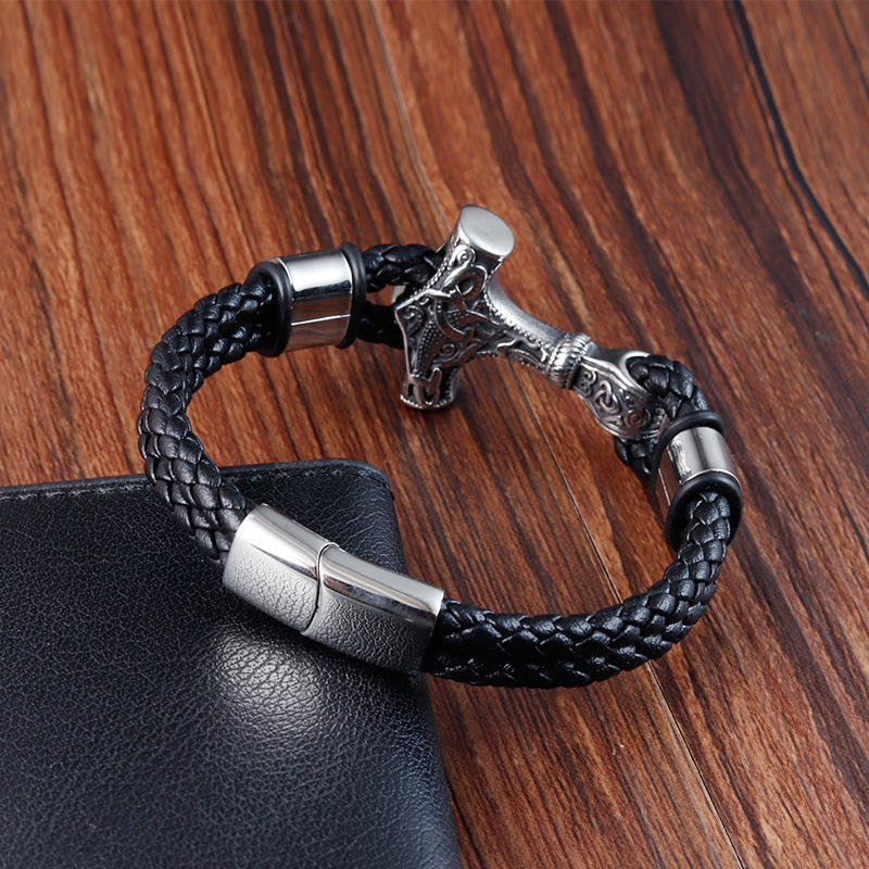 Vintage Stainless Steel Cross T Magnetic Clasp Hand Jewelry Handmade Braided Double Layer Leather Bracelet For Men OT-192