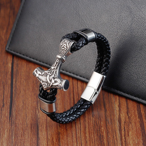 Vintage Stainless Steel Cross T Magnetic Clasp Hand Jewelry Handmade Braided Double Layer Leather Bracelet For Men OT-192