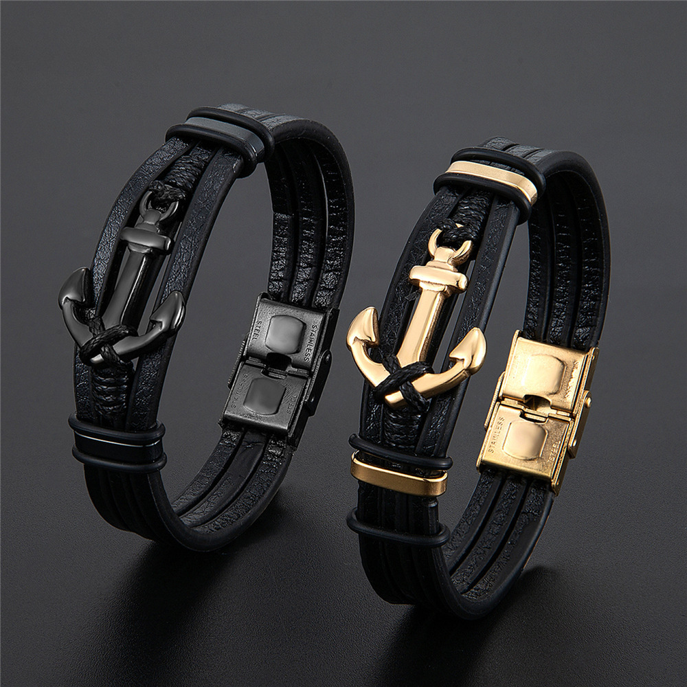 Punk Design Black Gold Anchor Bangles Creative Viking Stainless Steel Bracelets Genuine Leather Bracelet for Men Jewelry OT-274