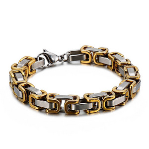 Gold Black Plated Two Tone Stainless Steel Square Byzantine Emperor Bracelet High Quality Men's Titanium Steel Fashion Jewelry