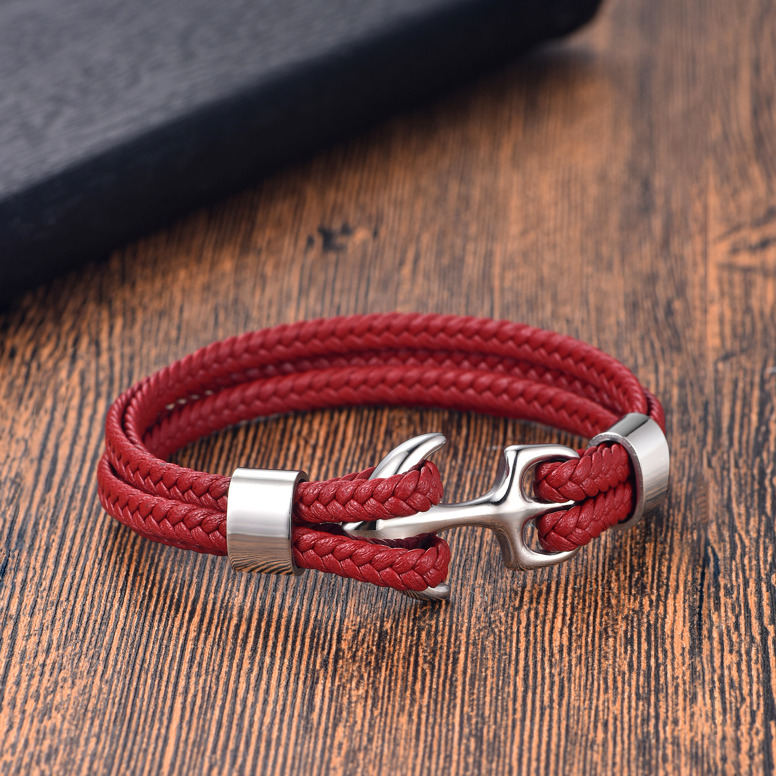 Top Layer Handmade Genuine Cow Rope Leather Cuff Bracelet Stylish Christmas Gifts Stainless Steel Anchor Clasp Jewelry Bracelet