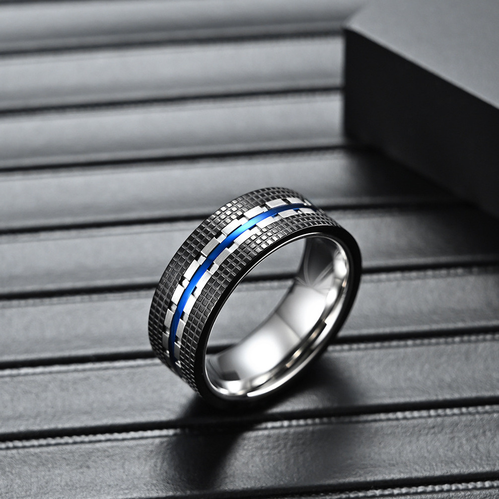 Hot Selling Two-tone Rose Gold Blue Stainless Steel Ring For Men Trendy Wholesale Custom Titanium Steel Rings Jewelry