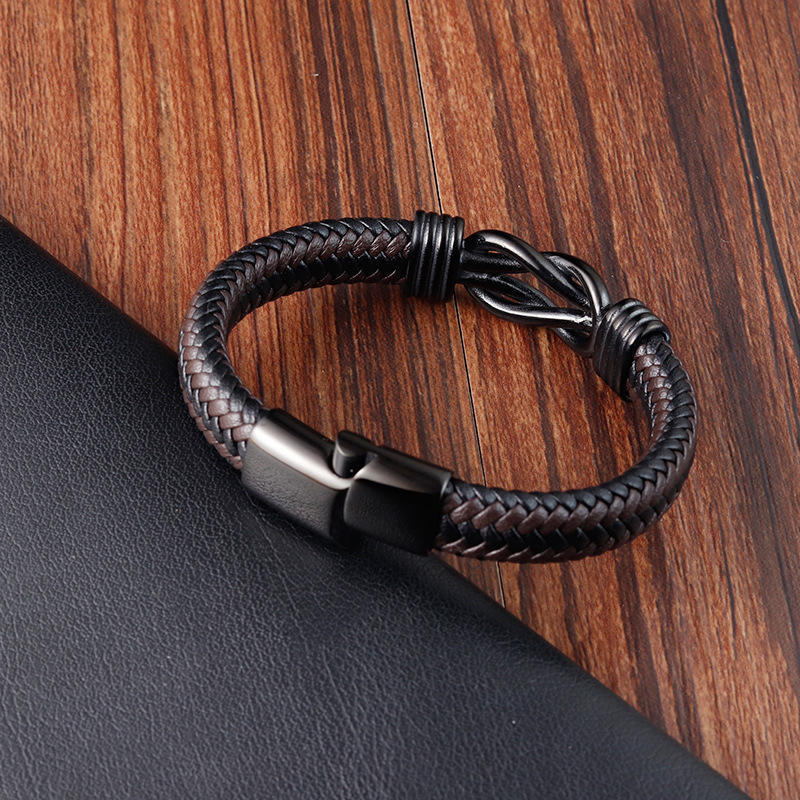 Antique Black Magnetic Buckle Leather Wrap Bracelet Men Twisted Double Row Love Knot Leather Cuff Bracelet for Father Boyfriend