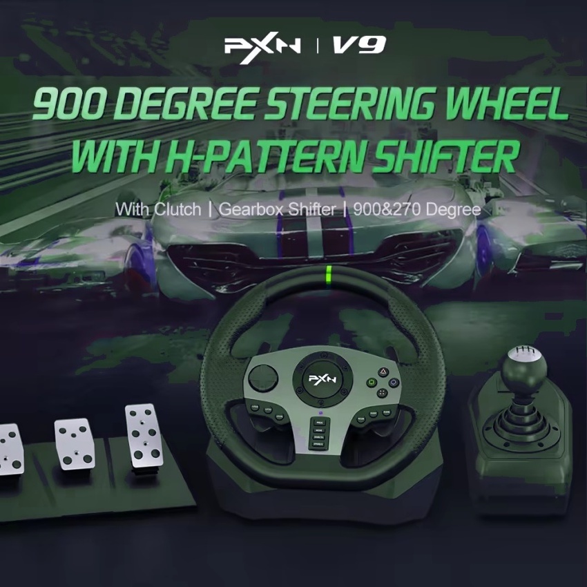 V9 Vibration Gaming Racing Wheel Set 900 Degree Racing Steering Wheel With Pedal And Gear Stick For Pc, Ps4, Xbox, Switch