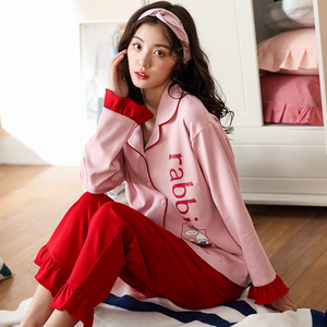 girls 2019 Women's pajamas new cotton comfortable round neck striped Organic Cotton Pjs home clothes