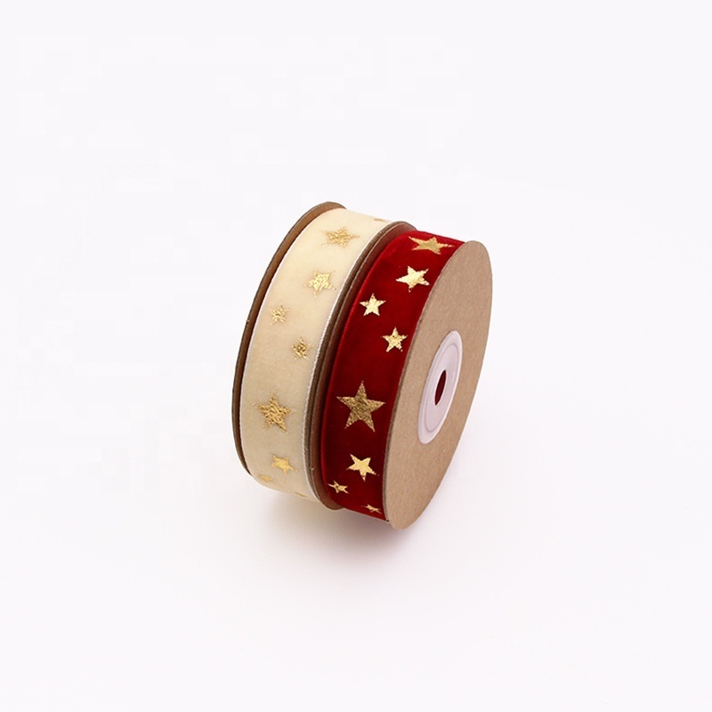 Wholesale good quality 20mm single sided silk non stretch nylon velvet ribbon with gold foil printing  for garment accessories